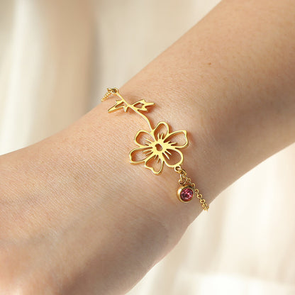 Personalized Sterling Silver Brass Anklet with Birthstone and Birth Flower for Mother's Day Birthday Women
