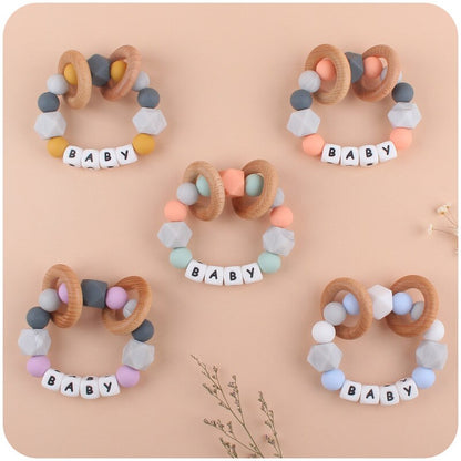 Personalized Name Sensory Baby Toy, Custom Fiddle Toy, Wooden Infant Toy, Silicone Ring For Baby, Baby Showers Gift, Gift For Newborn/Baby