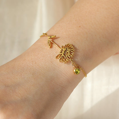 Personalized Sterling Silver Brass Anklet with Birthstone and Birth Flower for Mother's Day Birthday Women