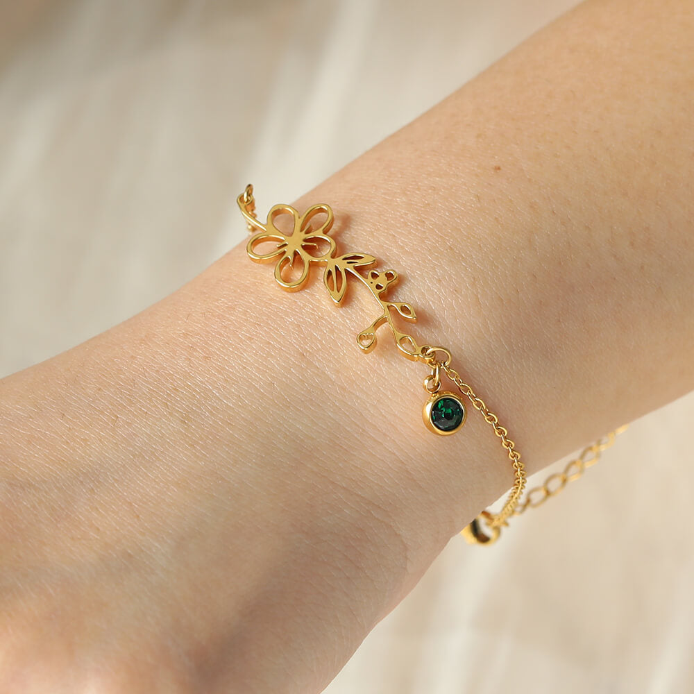 Personalized Sterling Silver Brass Anklet with Birthstone and Birth Flower for Mother's Day Birthday Women