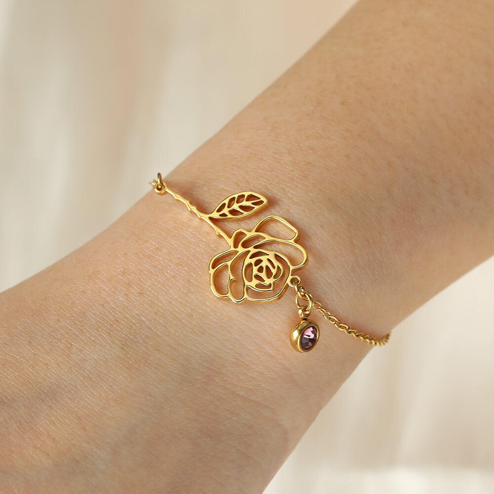 Personalized Sterling Silver Brass Anklet with Birthstone and Birth Flower for Mother's Day Birthday Women