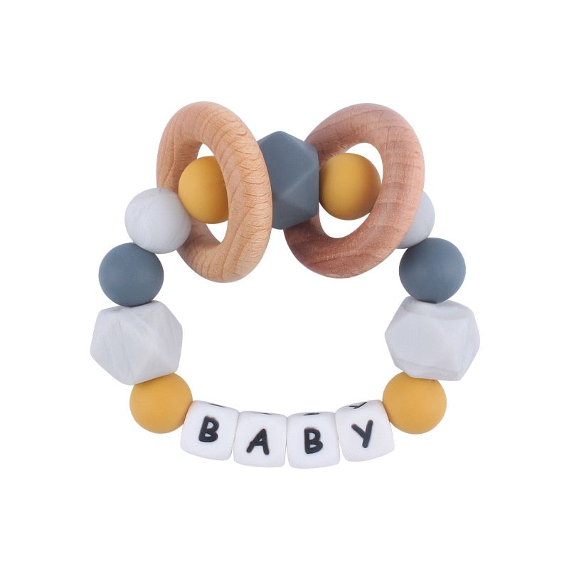 Personalized Name Sensory Baby Toy, Custom Fiddle Toy, Wooden Infant Toy, Silicone Ring For Baby, Baby Showers Gift, Gift For Newborn/Baby