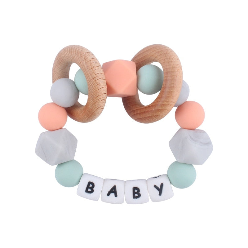 Personalized Name Sensory Baby Toy, Custom Fiddle Toy, Wooden Infant Toy, Silicone Ring For Baby, Baby Showers Gift, Gift For Newborn/Baby