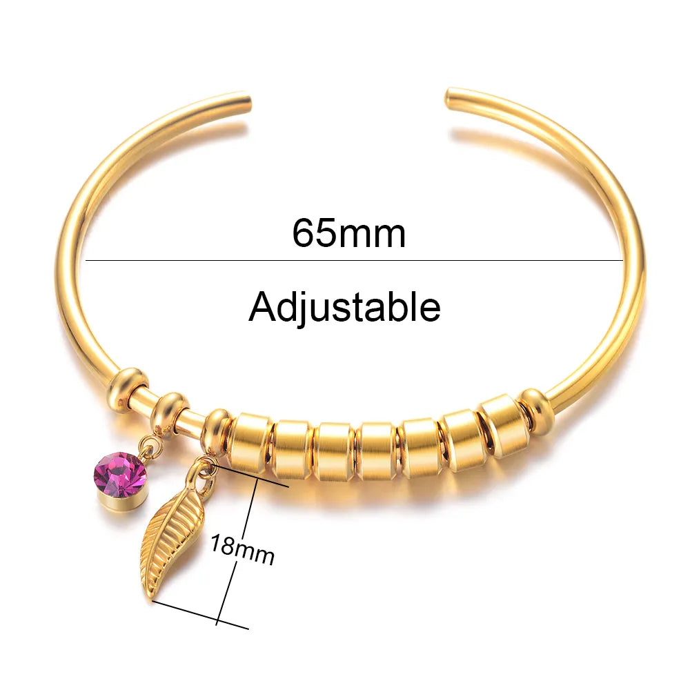 Customized Names Bracelet for Women with 12 Colors Birthstone Bohemia Leaf Bangles Personalized Stainless Steel Open Cuff Gifts