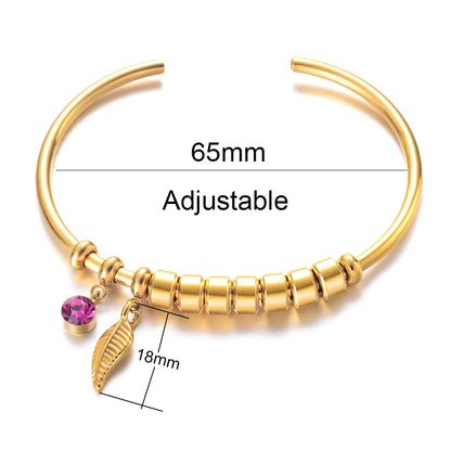 Customized Names Bracelet for Women with 12 Colors Birthstone Bohemia Leaf Bangles Personalized Stainless Steel Open Cuff Gifts
