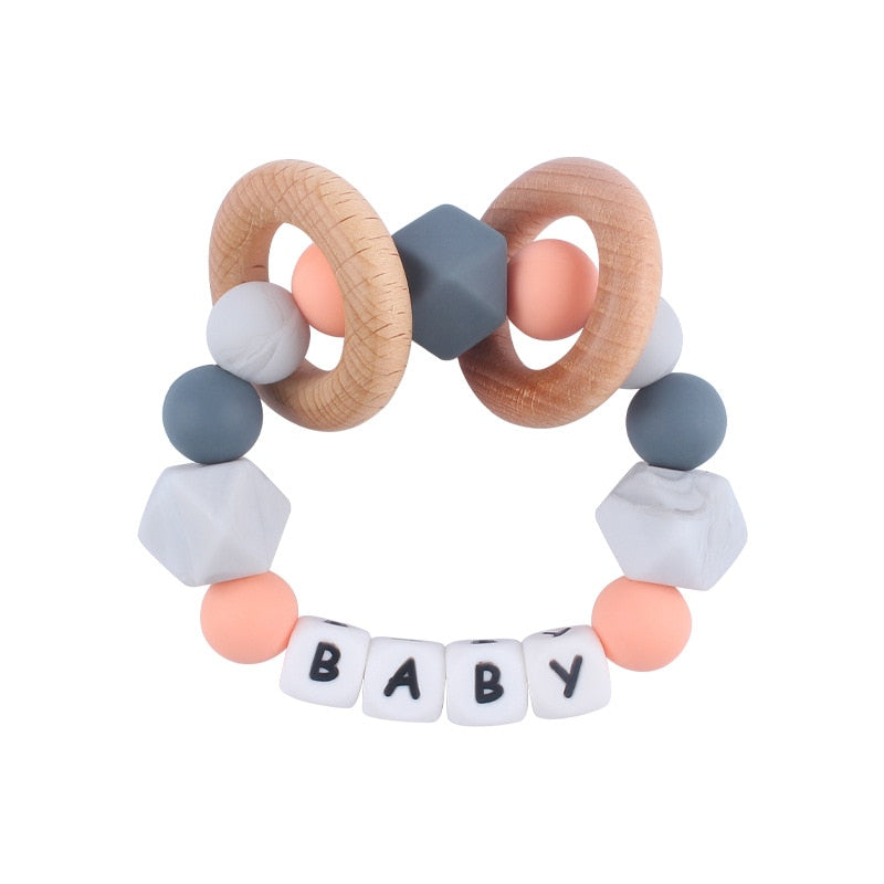 Personalized Name Sensory Baby Toy, Custom Fiddle Toy, Wooden Infant Toy, Silicone Ring For Baby, Baby Showers Gift, Gift For Newborn/Baby