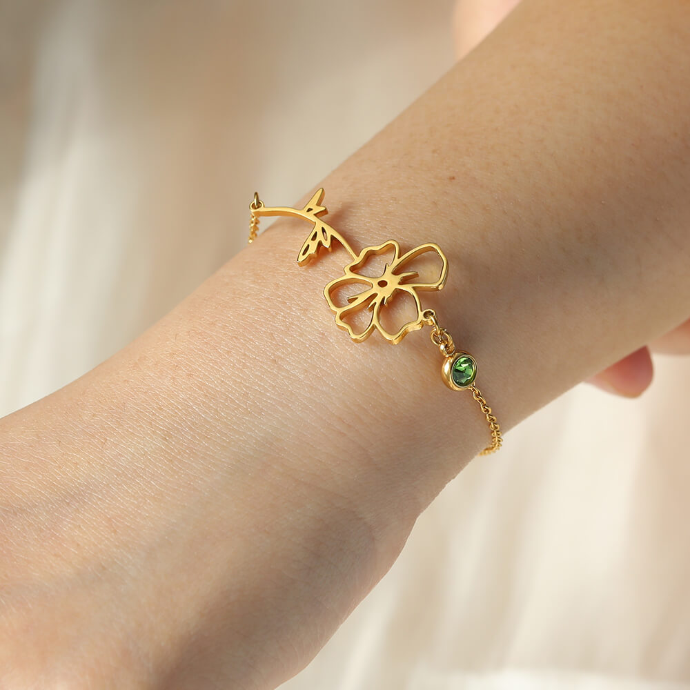 Personalized Sterling Silver Brass Anklet with Birthstone and Birth Flower for Mother's Day Birthday Women