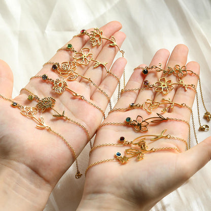 Personalized Sterling Silver Brass Anklet with Birthstone and Birth Flower for Mother's Day Birthday Women