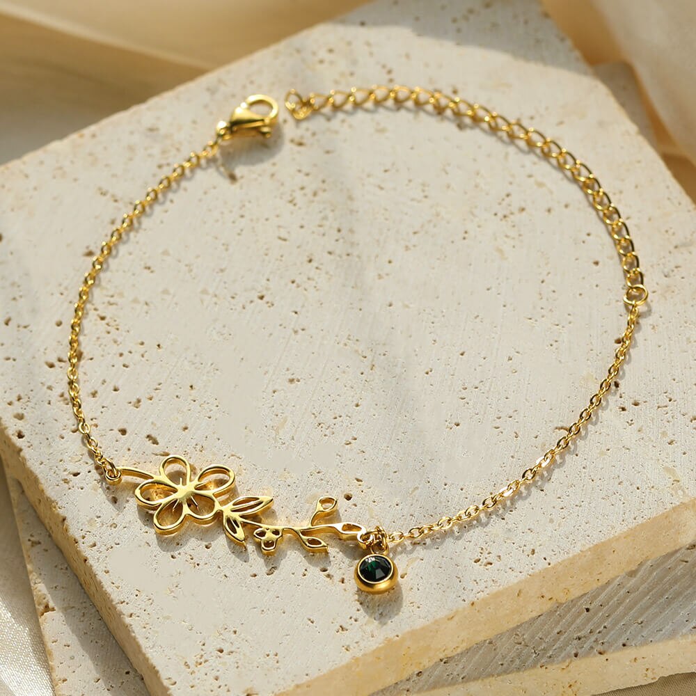 Personalized Sterling Silver Brass Anklet with Birthstone and Birth Flower for Mother's Day Birthday Women