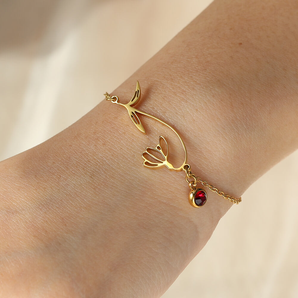 Personalized Sterling Silver Brass Anklet with Birthstone and Birth Flower for Mother's Day Birthday Women