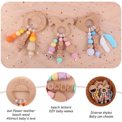 Personalized Name Sensory Baby Toy, Custom Fiddle Toy, Wooden Infant Toy, Silicone Ring For Baby, Baby Showers Gift, Gift For Newborn/Baby