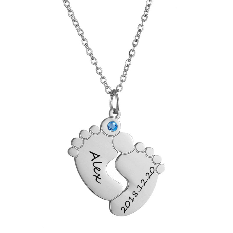 Baby feet engraved silver necklace with personalized birthstone